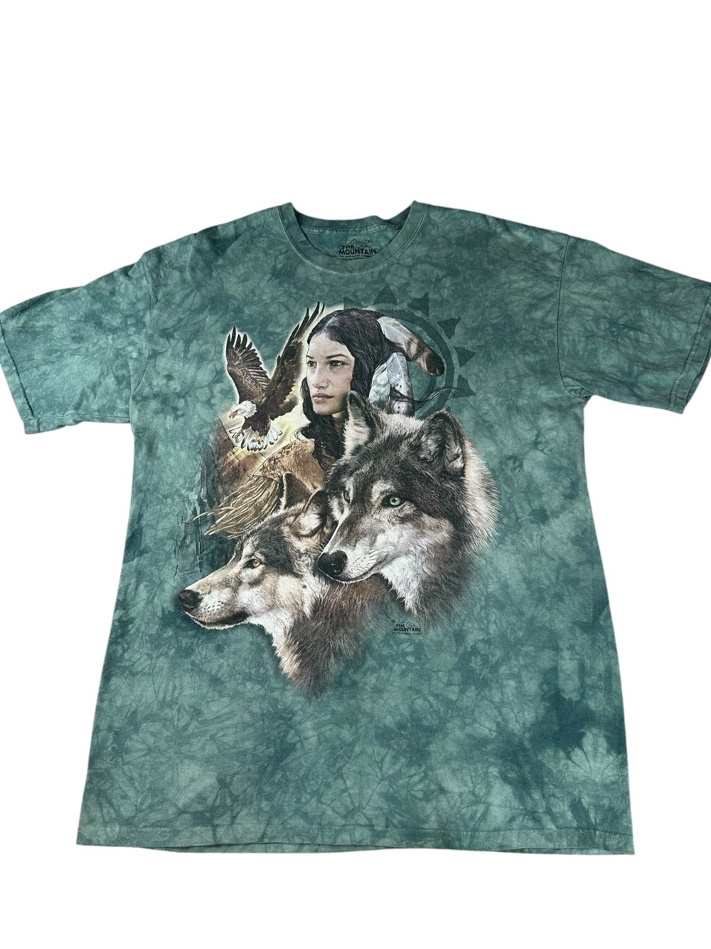 The Mountain 2011 Wolf Eagle Graphic Tee XL Green Tie Dye Y2K Vintage Look